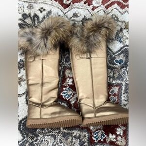 Women's Tan Metallic Knee High Genuine Fur/Feathers Boots Brand New Luxury